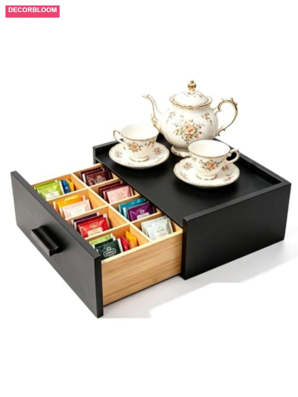 Bamboo Tea Bag Organizer Box with Drawer for Counter, 8 Compartments, Storage